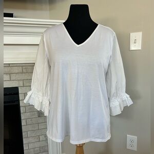 Ann Taylor White V-Neck Ruffle Sleeve Top